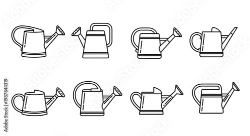 A set of minimalist line art watering cans in various positions and designs
