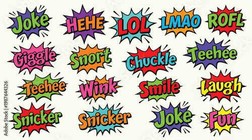 A collection of comic book style speech bubbles featuring various expressions of laughter and amusement.