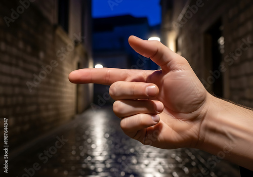 Wallpaper Mural Human hand pointing index finger toward dark narrow stone alleyway at night Torontodigital.ca