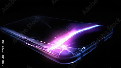 Smartphone screen cracks with vibrant purple light radiating from impact points, symbolizing digital destruction or powerful data breach.