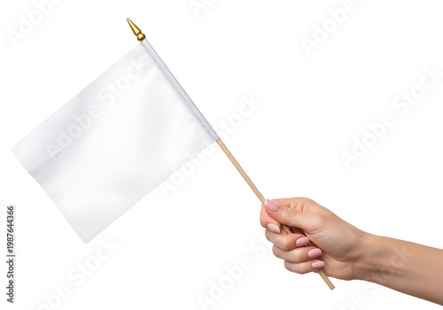 Wallpaper Mural Hand holding small blank white flag on wooden stick against white background Torontodigital.ca