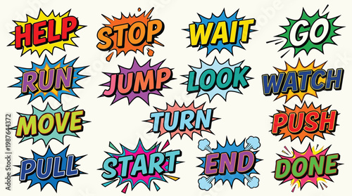 A vibrant collection of comic book-style action words, each presented in a distinct, explosive burst shape with bold lettering and bright, contrasting colors.