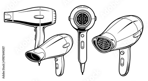 A set of hair dryer illustrations in various views and designs