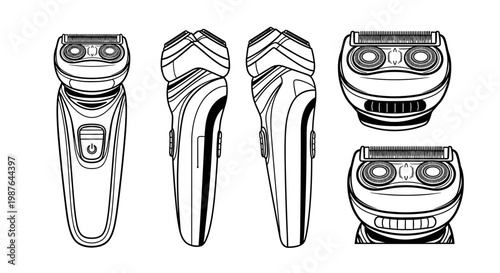 A detailed vector illustration of a modern electric shaver in various views