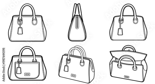 A set of six different handbag designs in a minimalist line art style