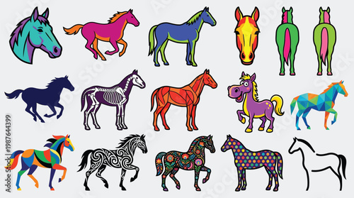 A vibrant collection of diverse horse illustrations featuring various artistic styles and color palettes.