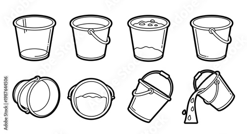 A set of minimalist line art illustrations of buckets in various orientations and states