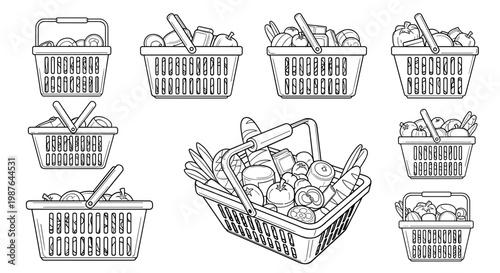 A set of shopping baskets filled with various grocery items in a minimalist line art style