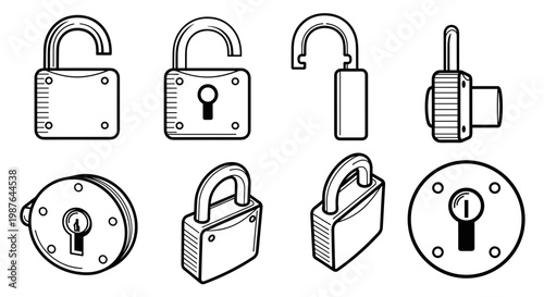 A set of various padlocks and locks in a minimalist line art style