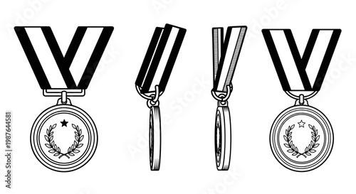 A set of four black and white vector illustrations of medals with ribbons in different views