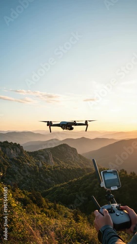Drone flying over green mountains during golden hour, person operating remote control. This scene captures adventure and modern technology for aerial content, video.