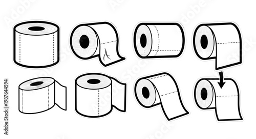 A set of eight minimalist toilet paper roll illustrations in various orientations