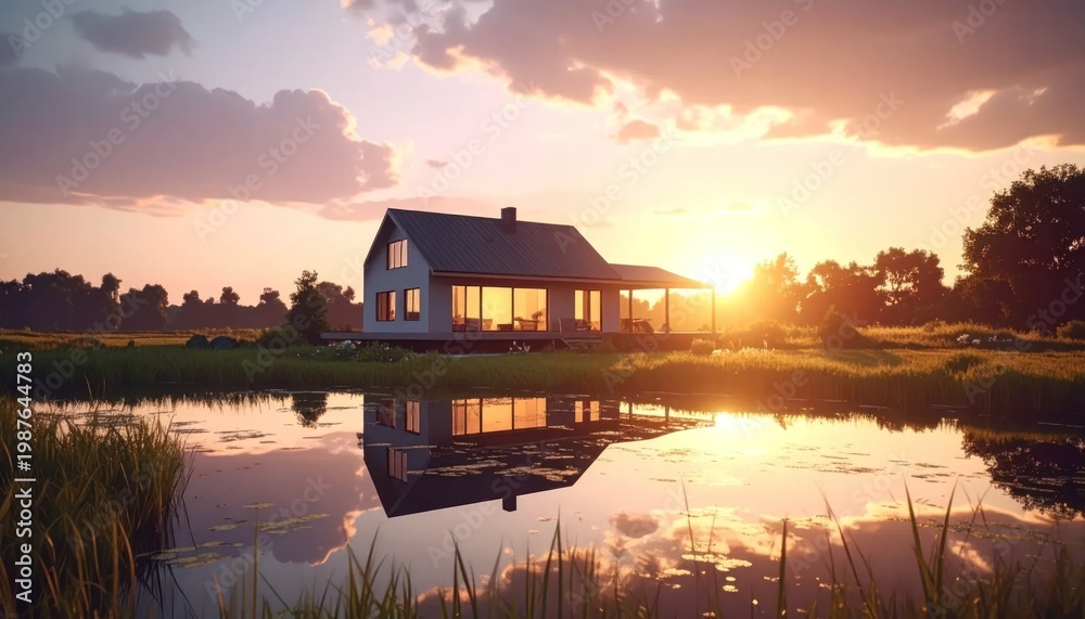 Fototapeta premium Serene House by Lake at Sunset.
