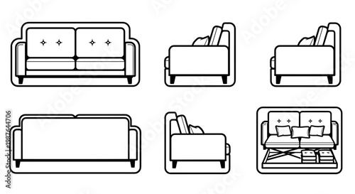 A minimalist vector illustration of a sofa in multiple views