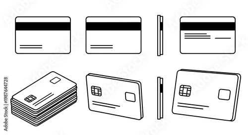 A set of credit card icons and cash in a simple line art style