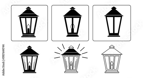 A set of black and white lantern vector graphics in various styles and states