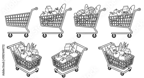 A set of shopping carts with various items in a minimalist line art style