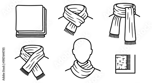 A minimalist vector graphic illustration of a scarf in various styles and uses