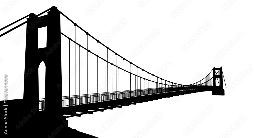 Fototapeta premium Black Silhouette of a Suspension Bridge Isolated on White Background