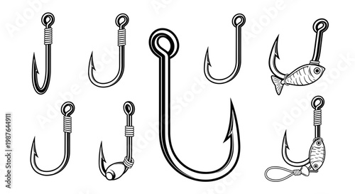 A set of fishing hooks and lures in a minimalist line art style