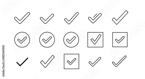 A set of various checkmark icons in different shapes and styles for use in design and user interfaces