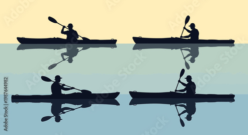 Silhouettes of four kayakers rowing on calm water with reflections