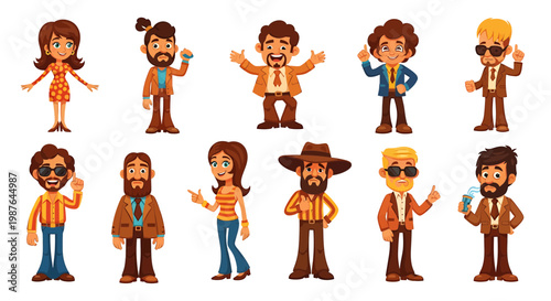 Retro 70s Fashion Cartoon Characters Set Vector Illustration