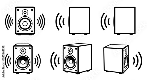 A vector graphic illustration of various speaker designs and sound wave icons