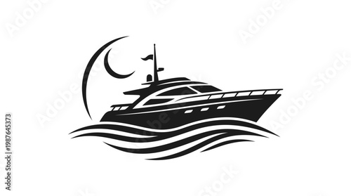 Luxury yacht silhouette against crescent moon design