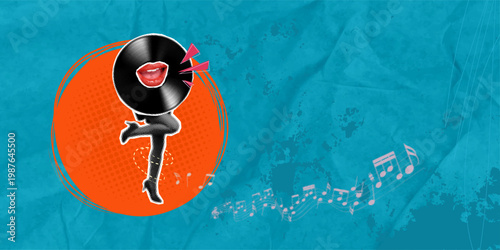 A halftone, surreal collage featuring a vintage vinyl record with seductive red lips and dancing female legs in high heels. Space for text. Perfect for music festival posters, podcast covers