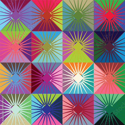 Abstract geometric mosaic of radiant sunbursts in a vibrant rainbow of colors, creating a dazzling and energetic visual symphony