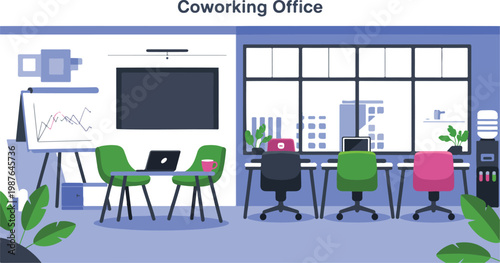 Flat minimalist coworking office illustration with desks chairs laptop flip chart graph and modern workspace interior design composition