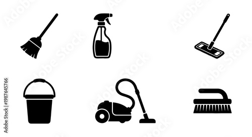 Cleaning supplies and equipment vector icon set for home and office cleaning service company needs