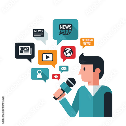 Flat vector illustration of a news reporter holding a microphone with media icons.