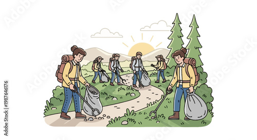 Volunteers cleaning up hiking trail in nature vector illustration