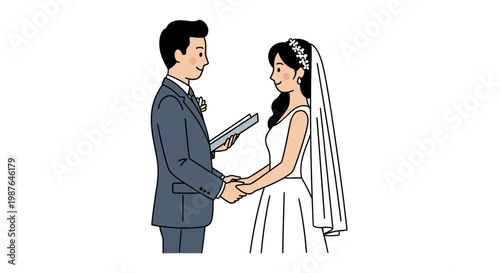 Happy bride and groom exchanging vows at wedding ceremony illustration