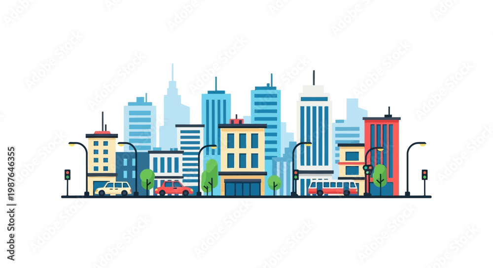 Obraz premium Modern Flat Vector Cityscape Illustration with Skyscrapers, Urban Traffic, and Street Elements Isolated on White Background