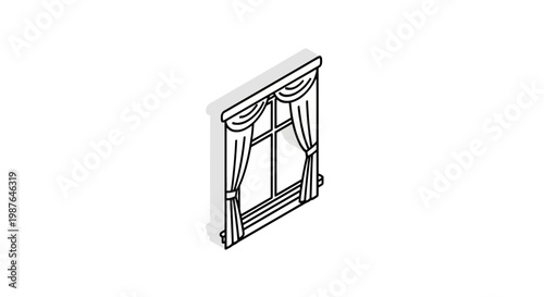 Isometric Window with Curtains Line Art Vector Illustration