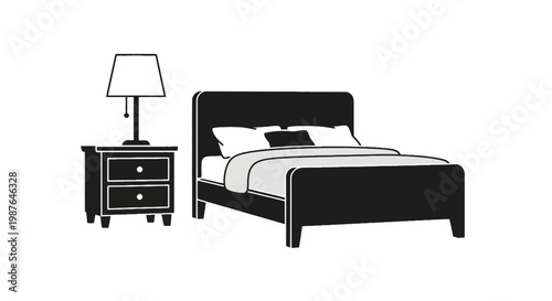 Bed with Nightstand and Lamp Bedroom Vector Illustration