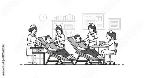 Blood Donation Center Scene with Nurses and Donors Vector Illustration