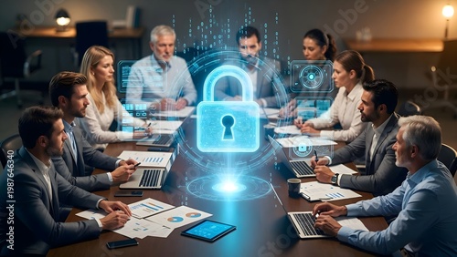 Top view of business team at meeting table with laptops and data charts, digital security shield hologram in center