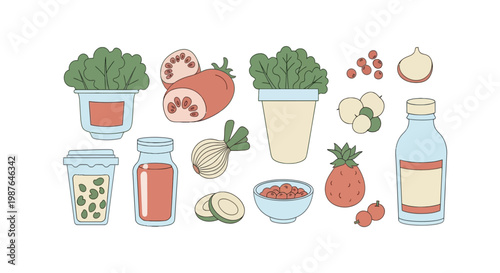 Fresh organic vegetables fruits and kitchen staples vector set