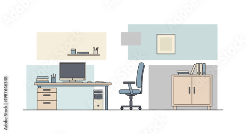 Minimalist Modern Home Office Workspace Vector Illustration with Computer Desk and Chair