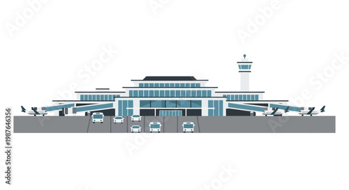 Modern Airport Terminal Building Vector Illustration with Airplanes, Shuttle Buses, and Control Tower