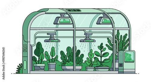 Futuristic automated indoor greenhouse illustration for smart farming