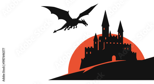 Fantasy Dragon Silhouette Flying Over Medieval Castle at Sunset