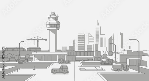 Minimalist Black and White Flat Illustration of an Airport Terminal with Control Tower, Ground Vehicles, and City Skyline Background