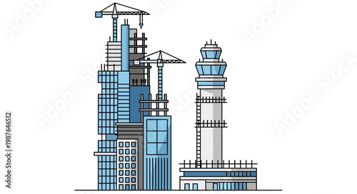 Modern City Infrastructure and Airport Construction Site Vector Illustration with Control Tower, Skyscrapers, and Industrial Cranes on White Background