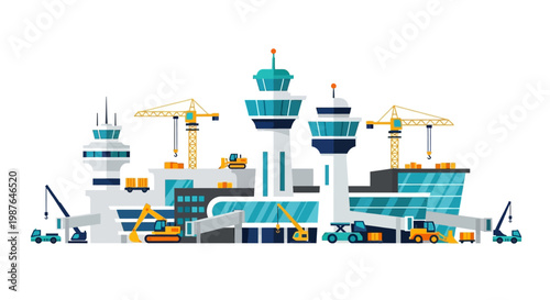 Modern Airport Terminal Under Construction Vector Illustration - Infrastructure Development and Transportation Expansion Project