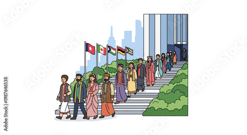 Diverse World Leaders and Diplomats at International Summit Illustration
